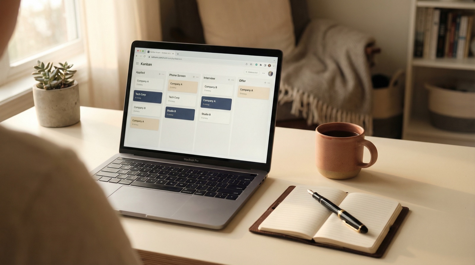 A calm, organized desk with a laptop showing a job application tracker — columns for Applied, Phone Screen, Interview, and Offer — alongside a notebook, coffee, and a small plant in soft morning light.