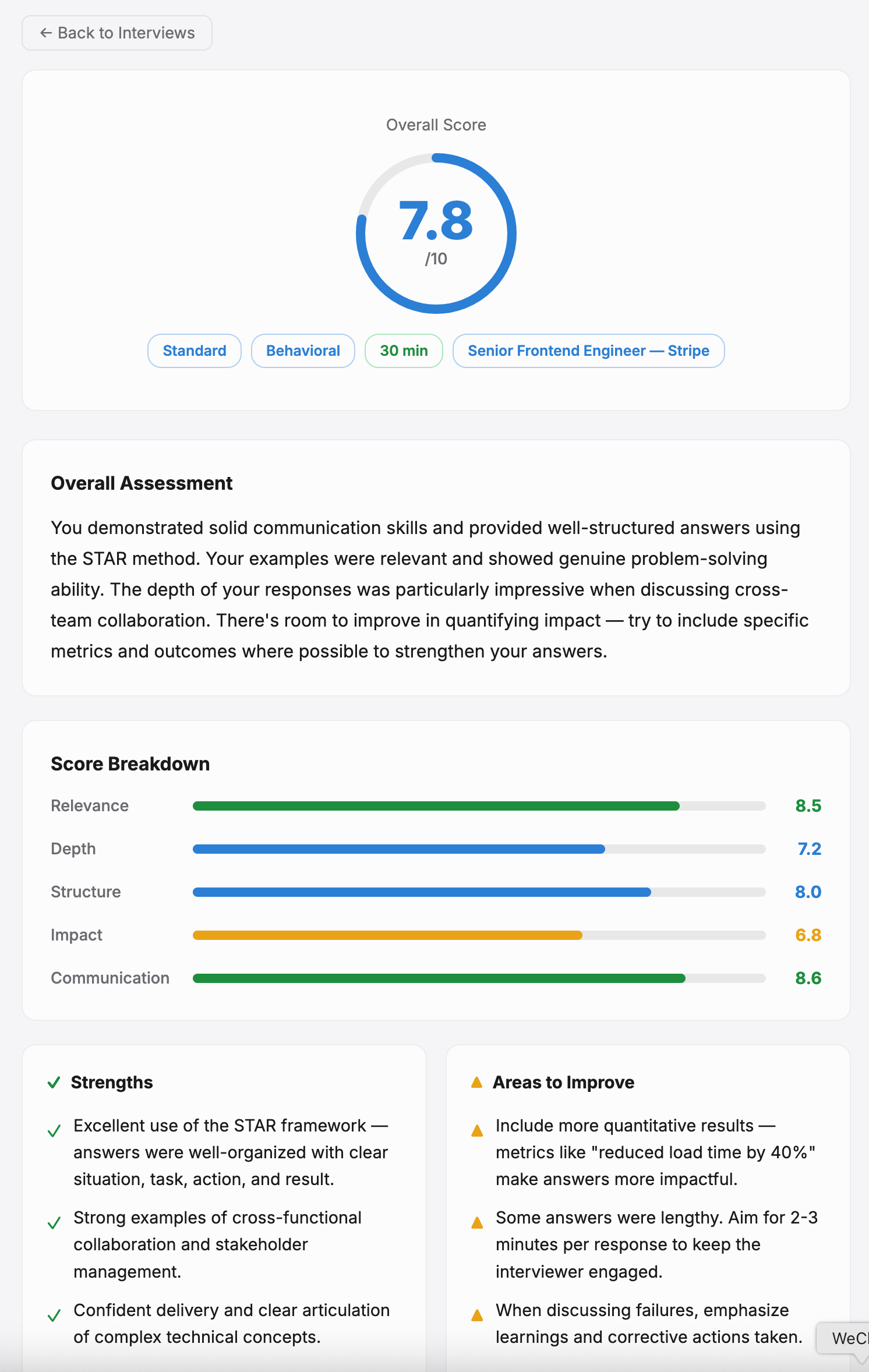 Interview feedback showing score breakdown and improvement areas
