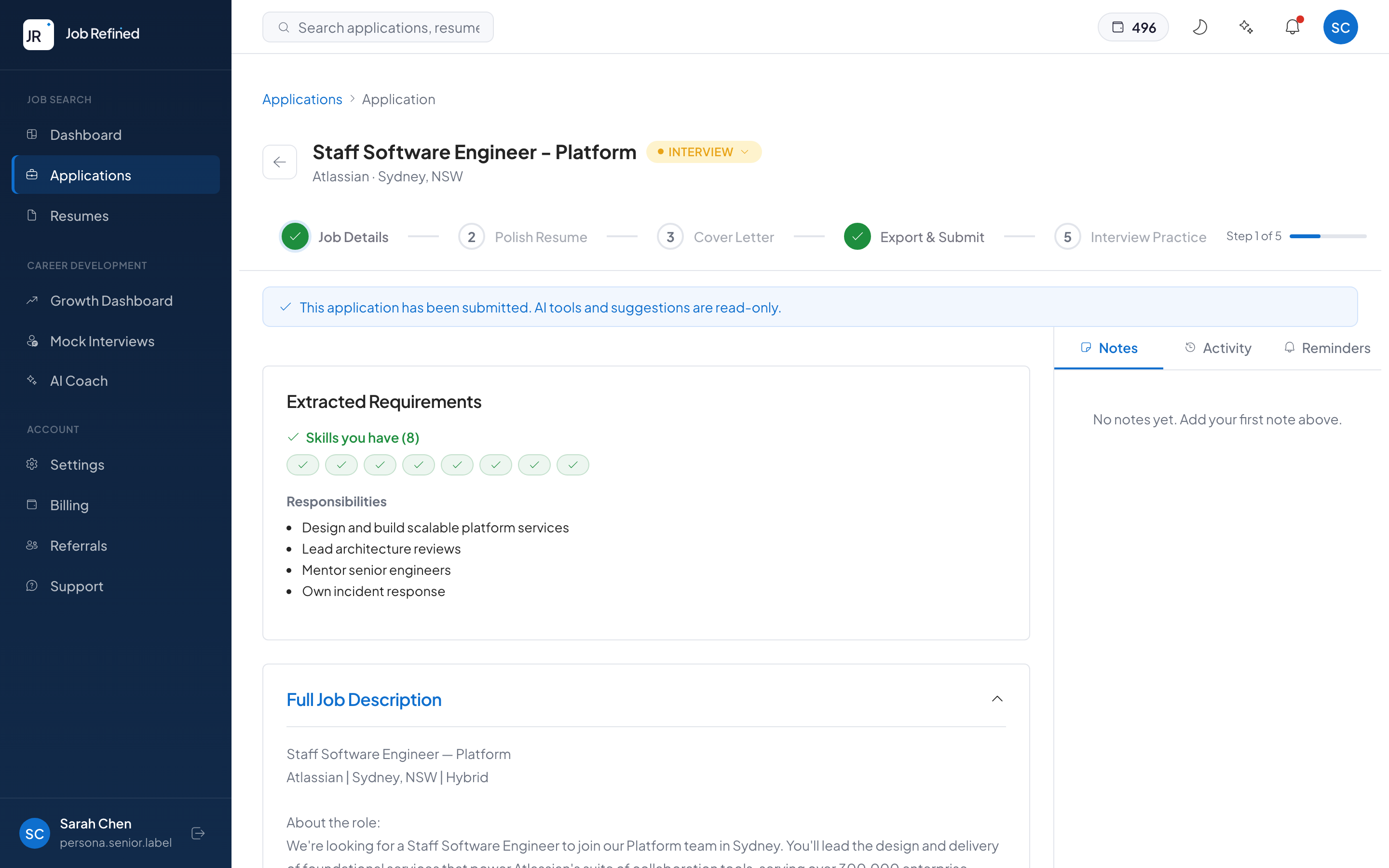 Parsed job description showing extracted requirements, skills, and ATS keywords