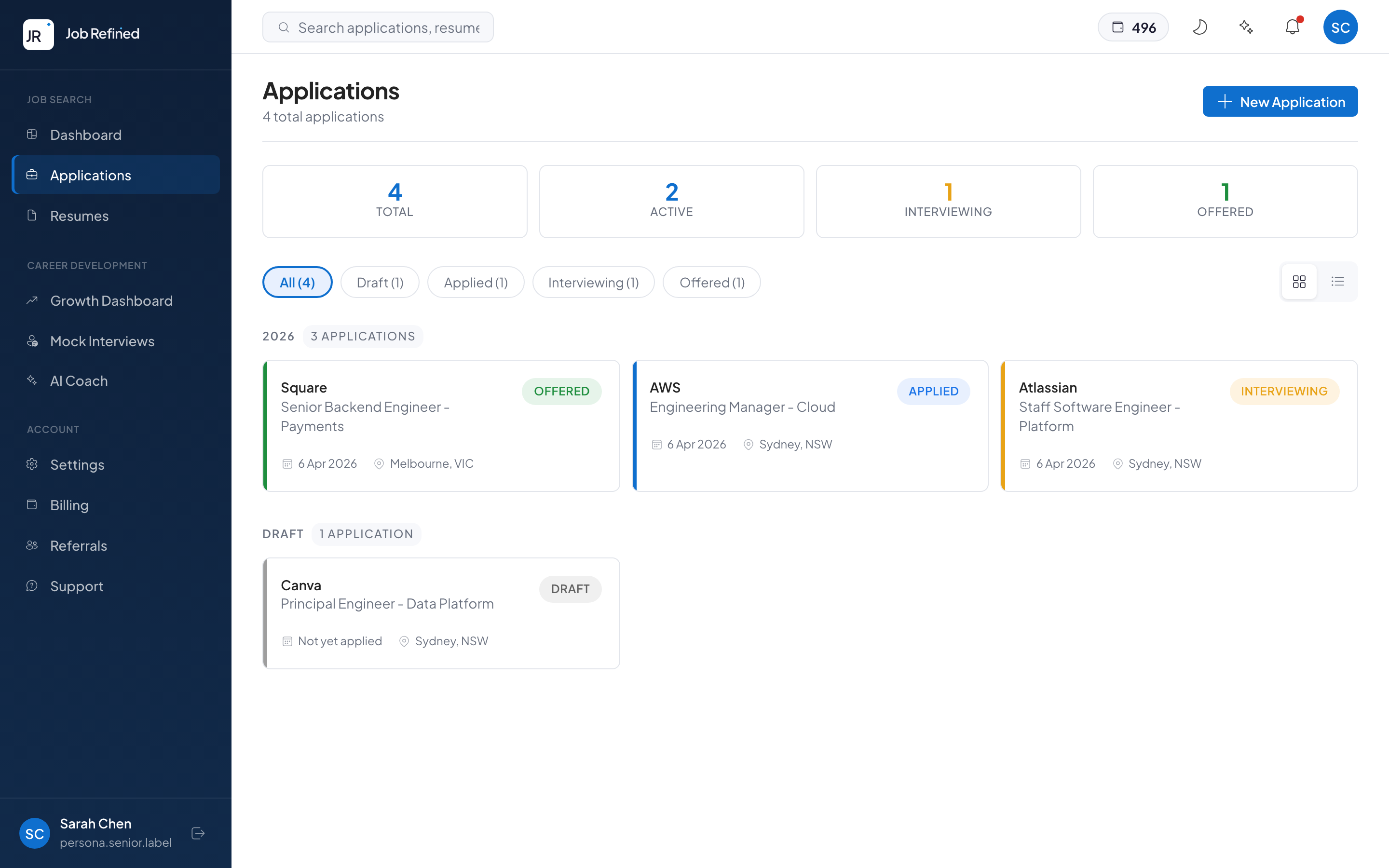 Application tracking dashboard with stat cards, status filters, and application cards