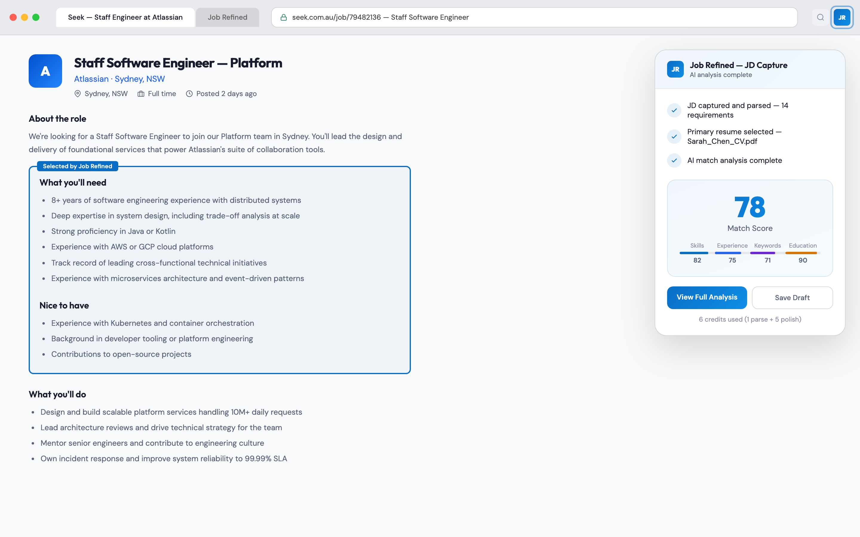 Browser extension capturing a job description from Seek with instant match score