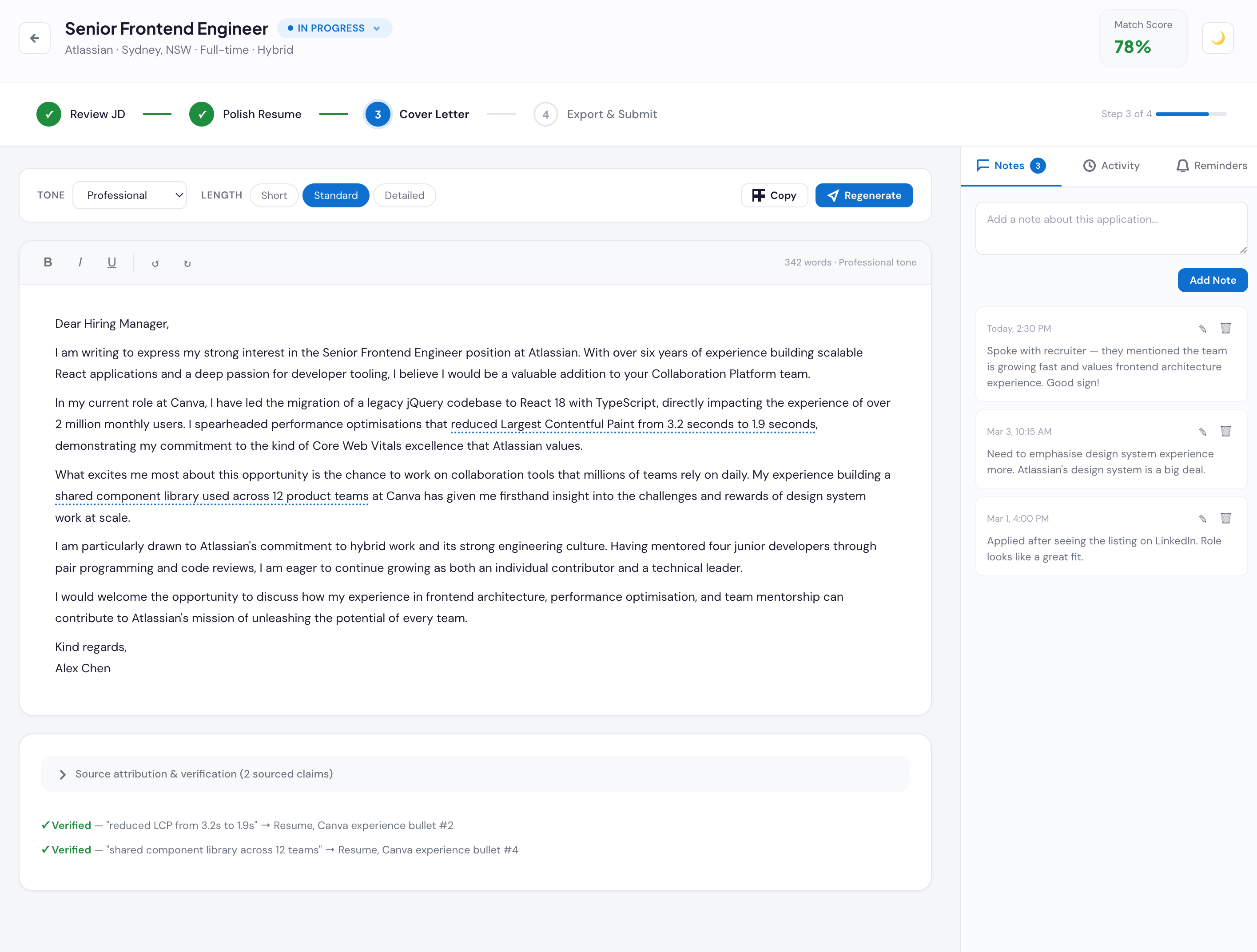 Cover letter generation with tone and length controls and source verification
