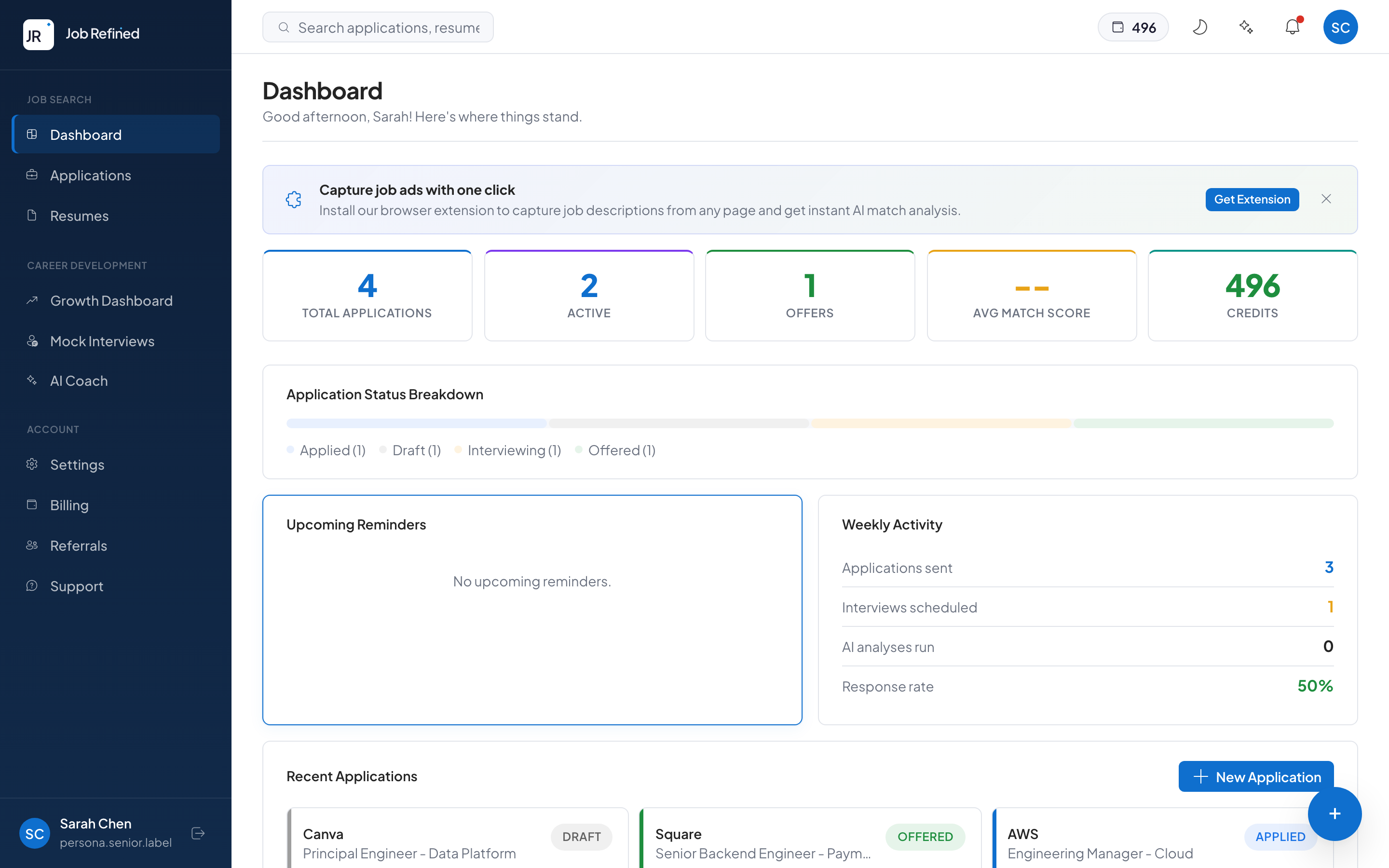 Dashboard showing resume management, application stats, and recent activity