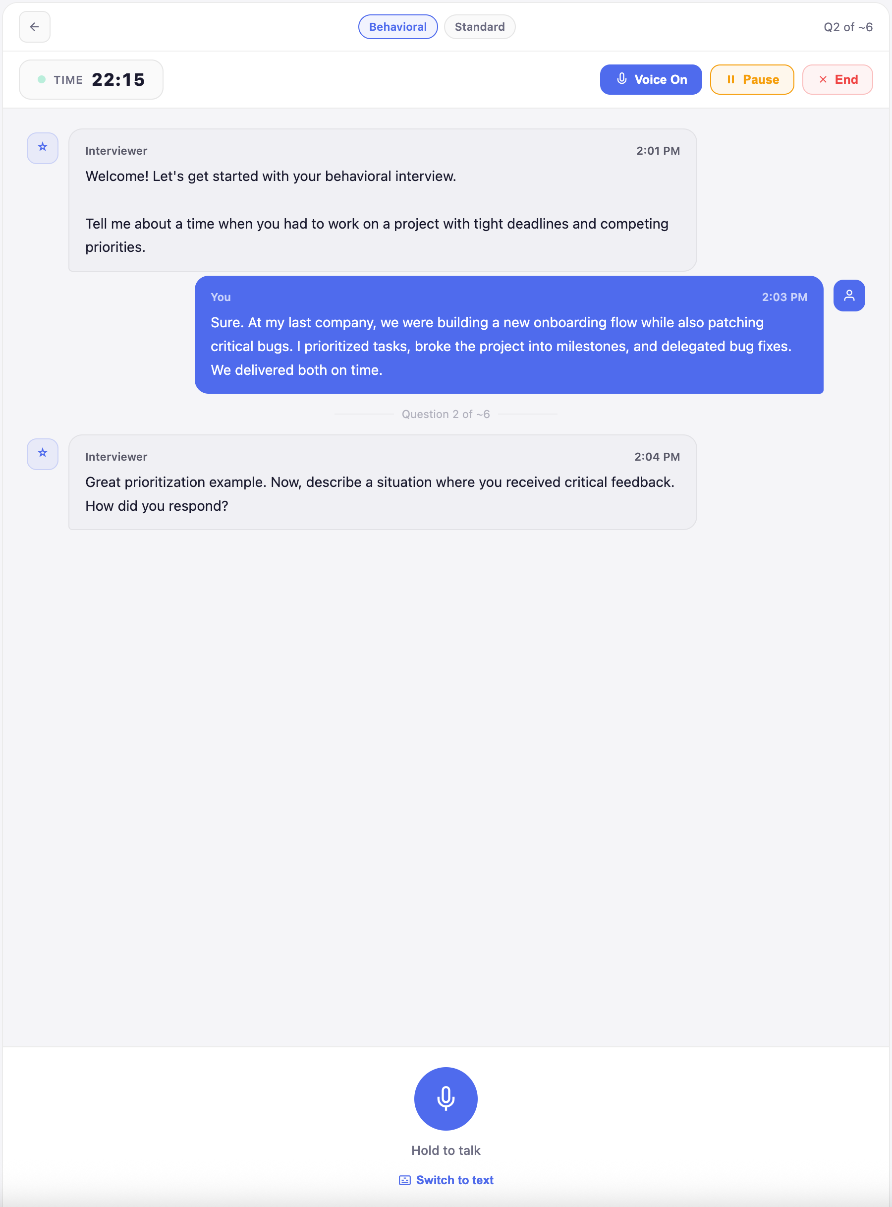 Mock interview voice interface with real-time conversation