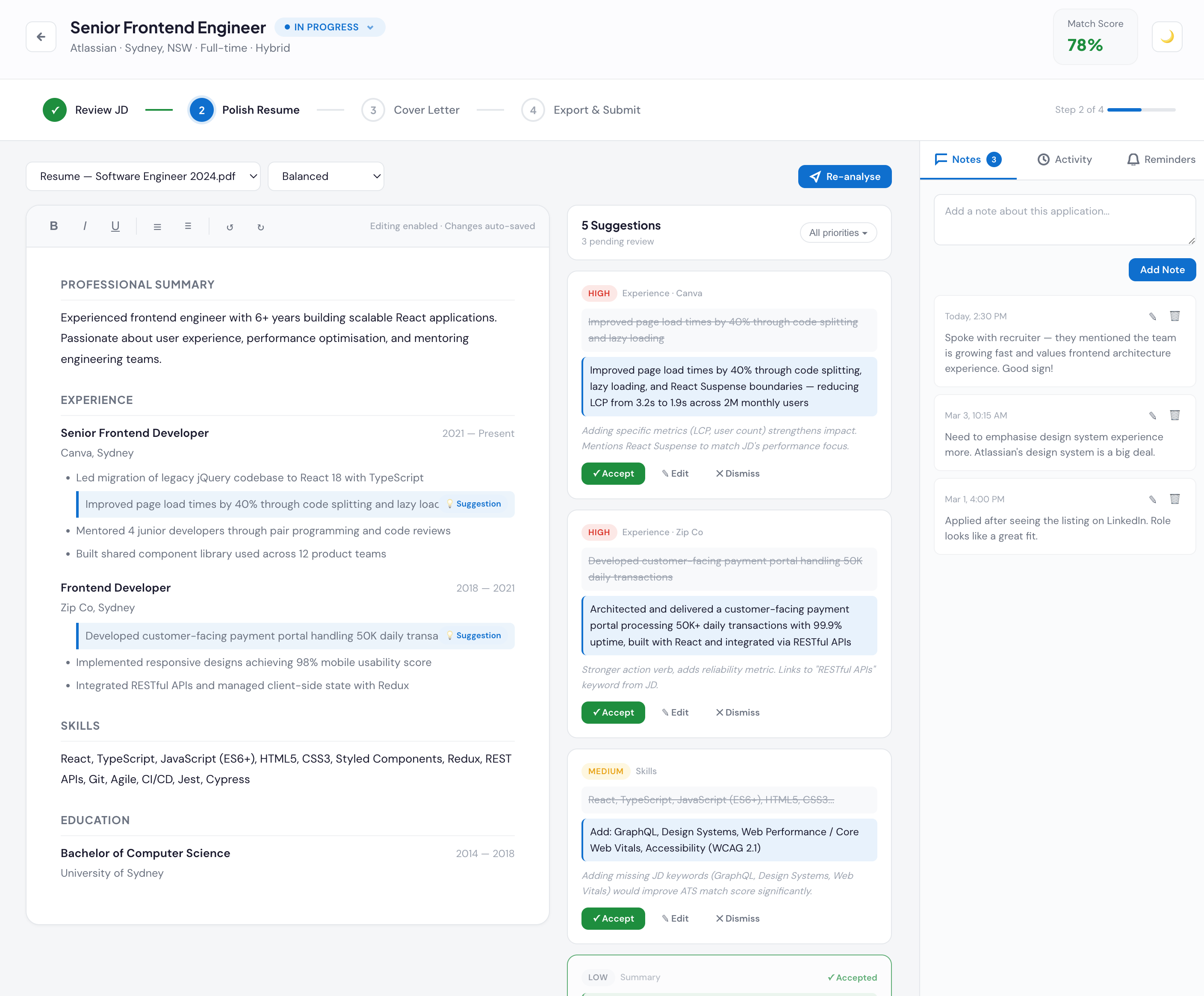Resume polish interface showing match score, suggestions, and coaching panel