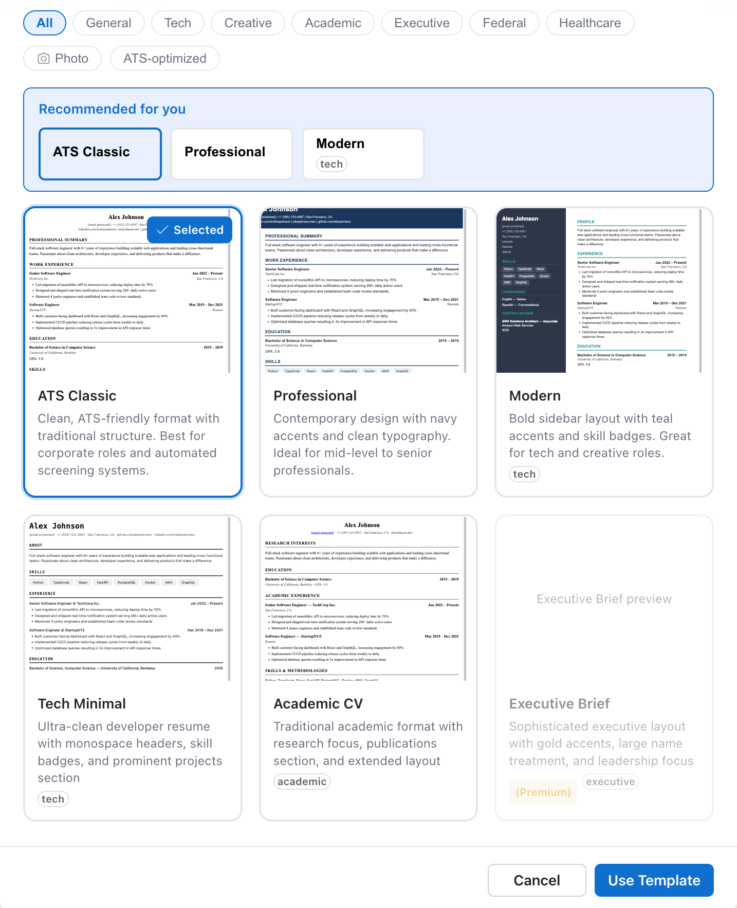 Resume template selection and export
